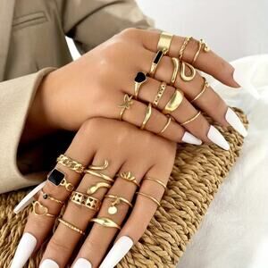 NEW 27pc Gold & Black Stackable Rings, Heart Jewelry, BOHO, Floral
